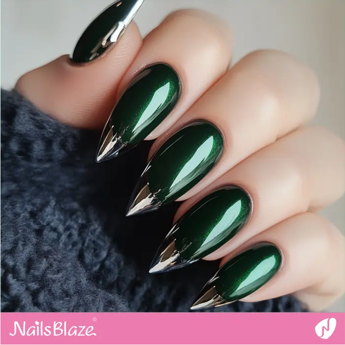 Bold and Energetic Dark Green Nails with Glossy Chrome Tips | Elen Customized Nail Designs- NB7378