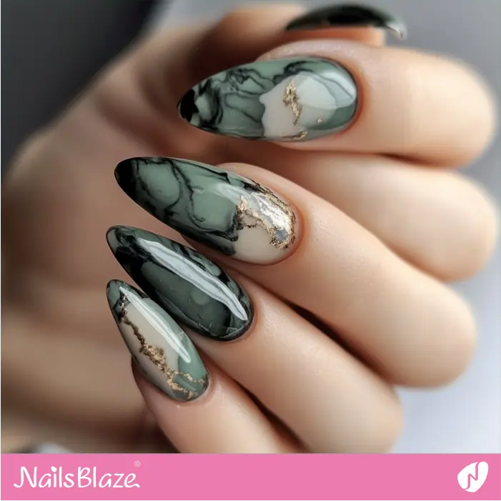 Marble Effect Nails in Dark Green | Elen Customized Nail Designs- NB7390