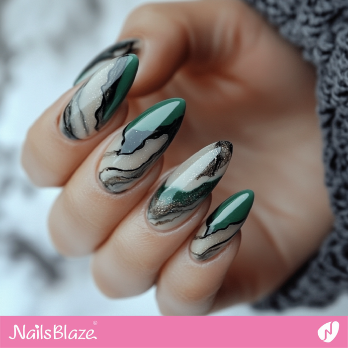 Classy and Artistic Marble Nails in Muted Gray and Dark Green | Elen Customized Nail Designs- NB7391