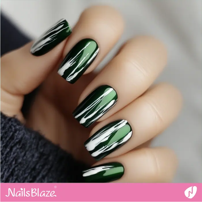 Dark Green Nails with Minimalist White Abstract Strokes | Elen Customized Nail Designs- NB7385