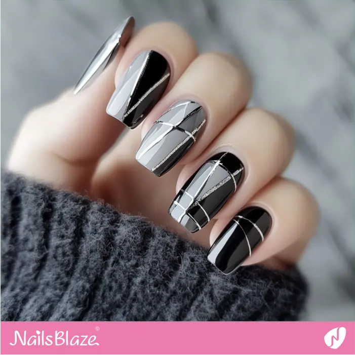 Glossy Gray Nails with Geometric Chrome Silver Pattern | Elen Customized Nail Designs- NB7386