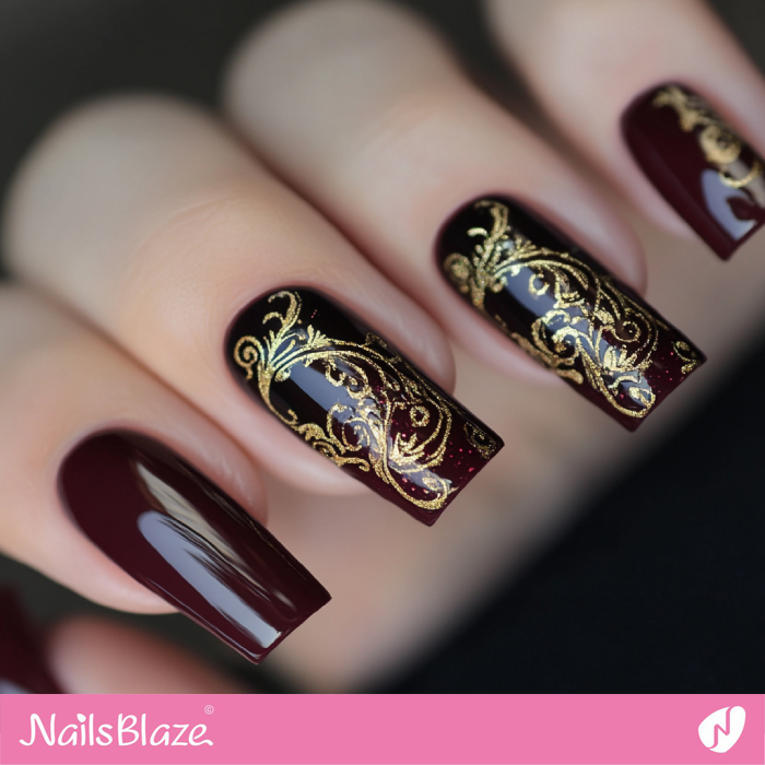 Square-shaped Burgundy Nails with Gold Filigree Patterns | Laura Customized Nail Designs- NB7268