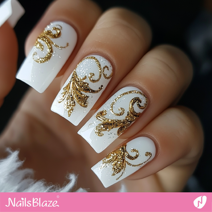 Pearly White Nails with Glitter Design for Winter | Laura Customized Nail Designs- NB7270