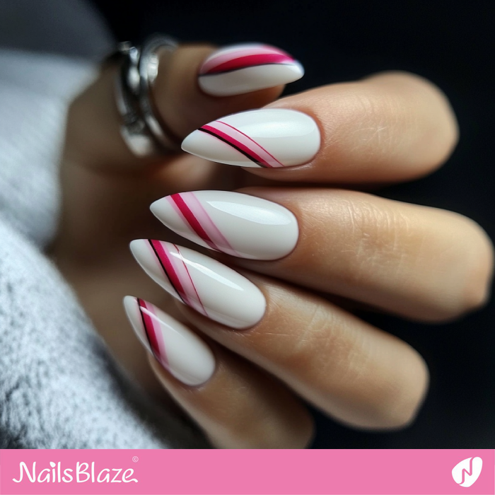 Minimalistic White Almond Nails with Pink Geometric Stripes | Nafas Customized Nails- NB7899