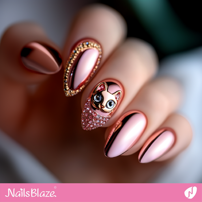 Pink Chrome Nails with a 3D Cat Design | Nafas Customized Nails- NB7904