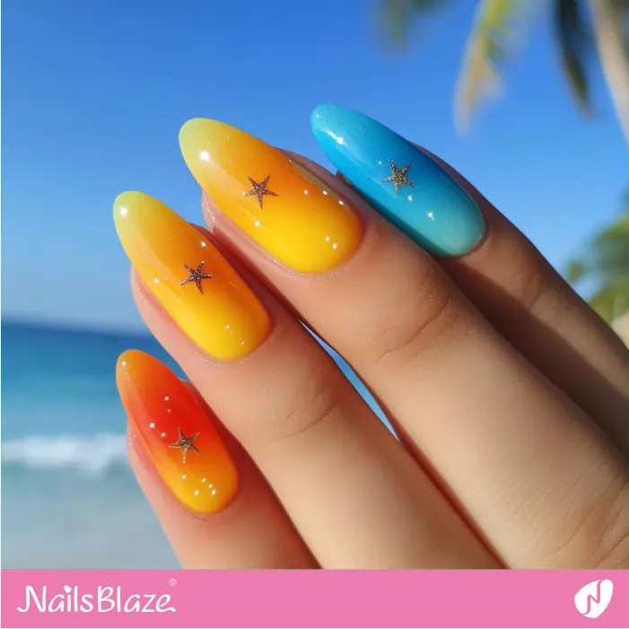 Ocean Blue and Sunset Yellow Nails With Tiny Stars | Nita Customized Nail Designs- NB7358