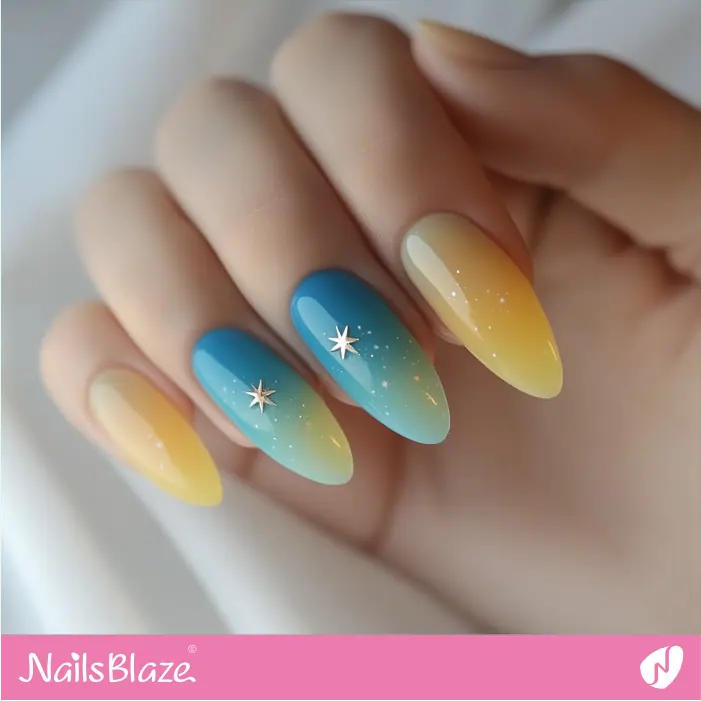 Star Design for Glossy Blue and Yellow Nails | Nita Customized Nail Designs- NB7361