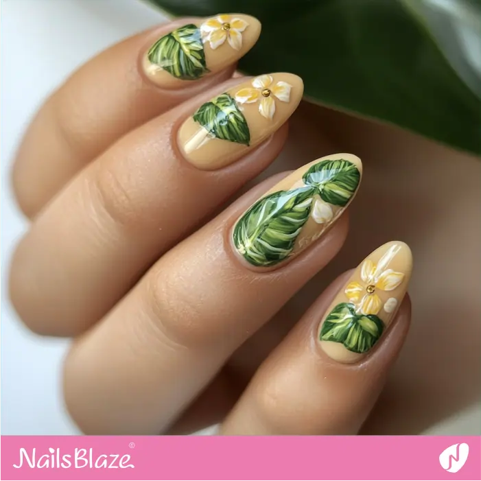 Neutral Nails Featuring Green Leaves and Floral Accents | Nita Customized Nail Designs- NB7367