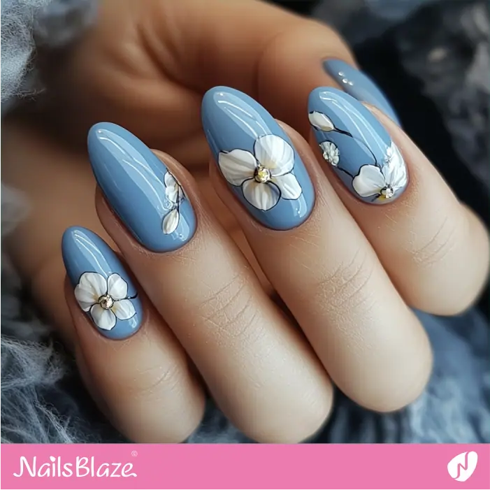 Elegant Dusty Blue Glossy Nails Adorned with Orchid | Nita Customized Nail Designs- NB7356