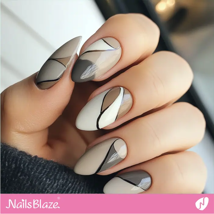 Neutral Shade Nails with Abstract Swooshes | Nora Customized Nail Designs- NB7326