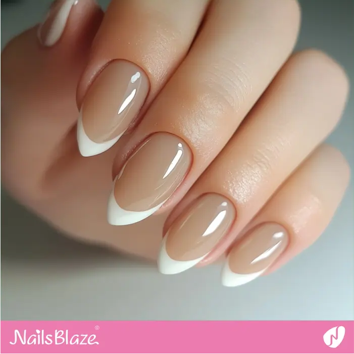 Glossy Almond-shaped Nude Nails with White Tips for Winter | Nora Customized Nail Designs- NB7329