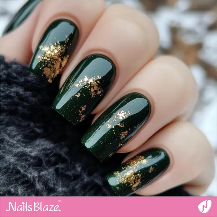 Glossy Deep Green Nails with Scattered Gold Foil | Snow White Customized Nails- NB7732