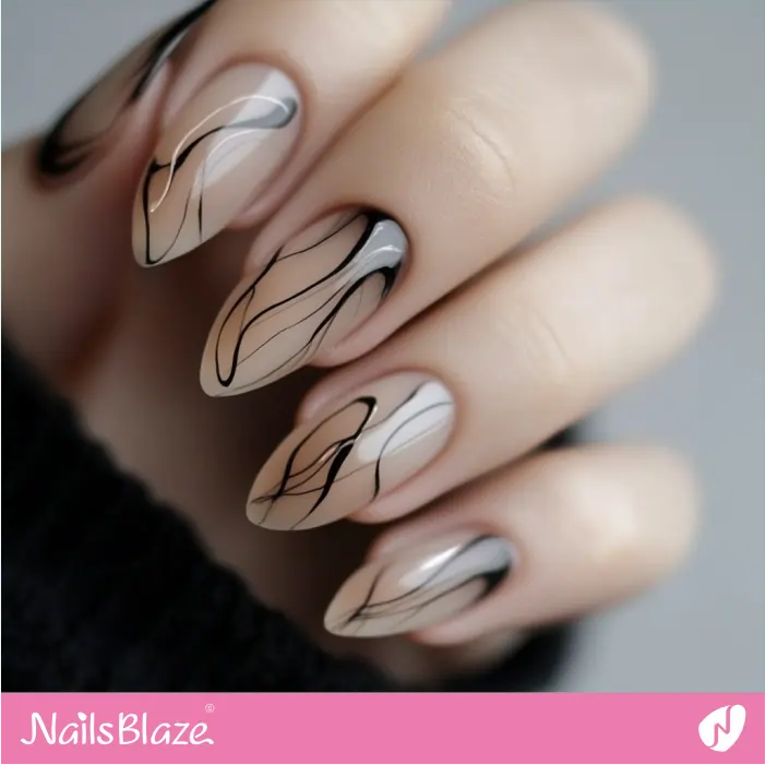 Delicate Black Line Art Over a Sheer Nude Nails | Sogand A. Customized Nail Designs- NB7521