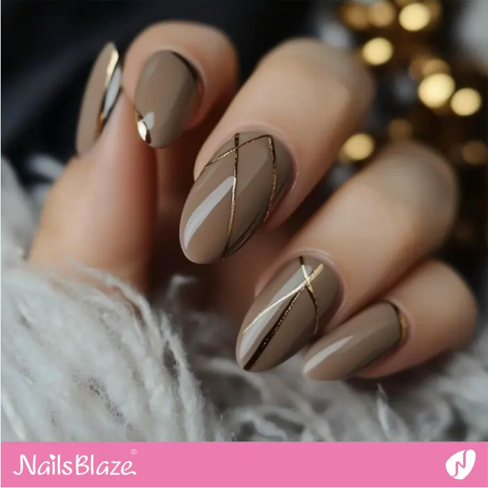 Almond Taupe Nails with Thin Gold Lines | Sogand A. Customized Nail Designs- NB7524