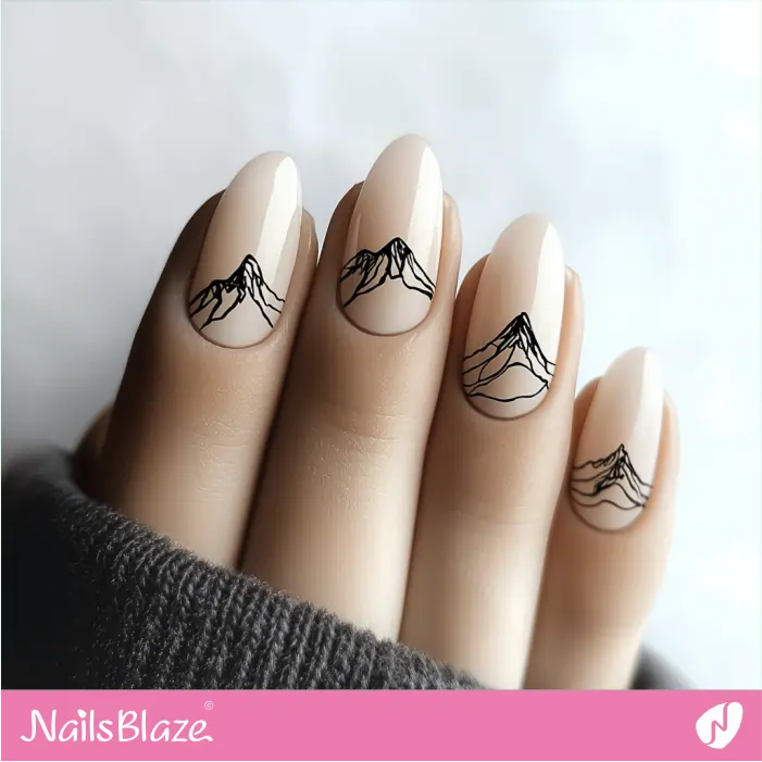 Short Almond Nails with Mountain Line Art Design | Sogand A. Customized Nail Designs- NB7525