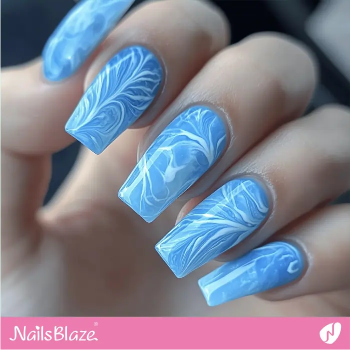 Glossy Sky Blue Coffin Nails with Subtle Swirls | Sogand A. Customized Nail Designs- NB7526