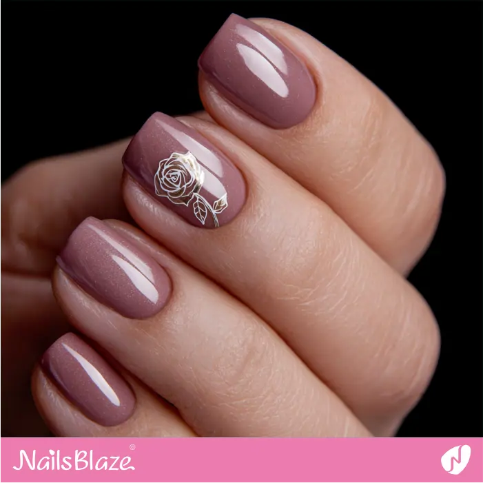 Elegant Mauve Nails with a Single Rose Outline | Tricky-Customized Nails- NB8372