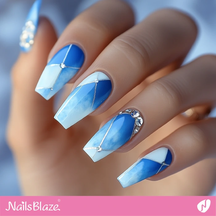 Embellished Watercolor Ombre Nails | Blue Ombre Nails - NB6473