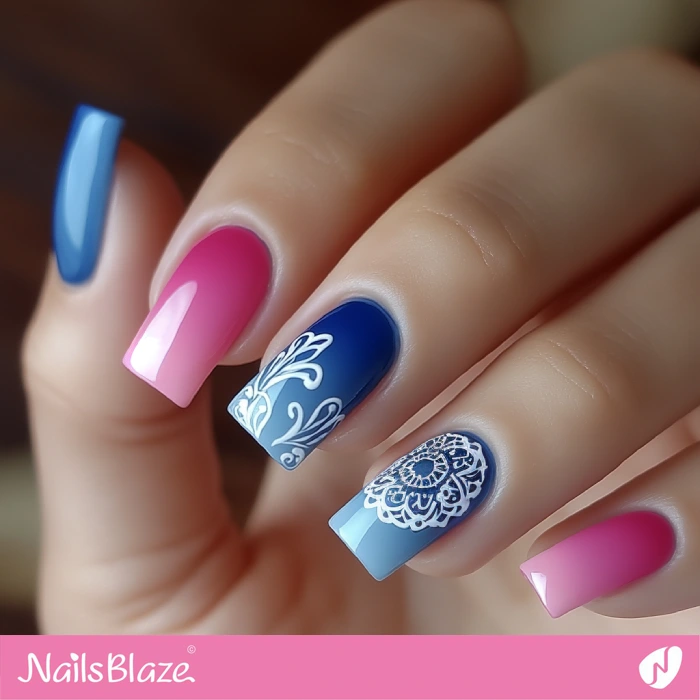 Blue Ombre Nails and Pink Accents | Blue Ombre Nails - NB6475