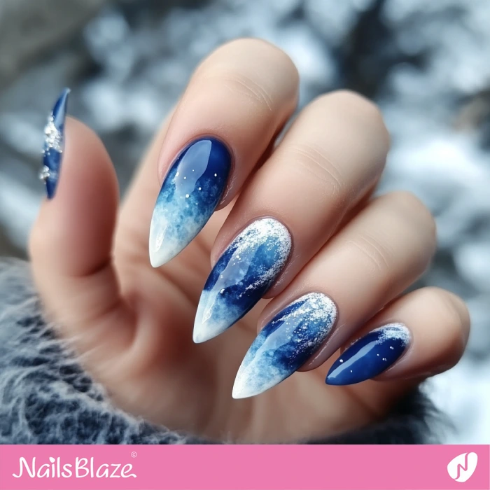 Long Blue Ombre Nails Watercolor Design | Blue Ombre Nails - NB6476