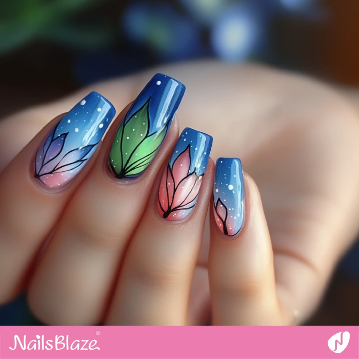 Ombre Nails Water Lilies Design | Blue Ombre Nails - NB6465