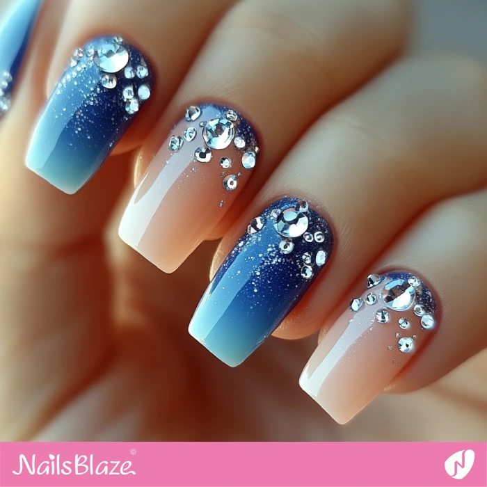 Embellished Blue Ombre Nails | Blue Ombre Nails - NB6469