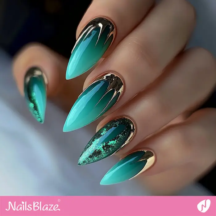 Luxury Deep Sea Green Ombre Nails Design | Green Ombre Nails - NB6505