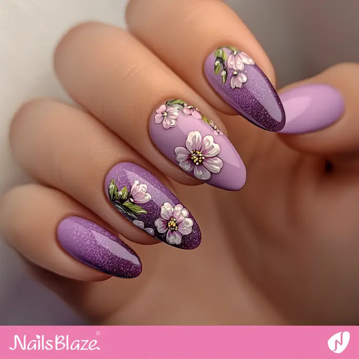 Purple Ombre Nails Floral Design | Purple Ombre Nail Art - NB6517