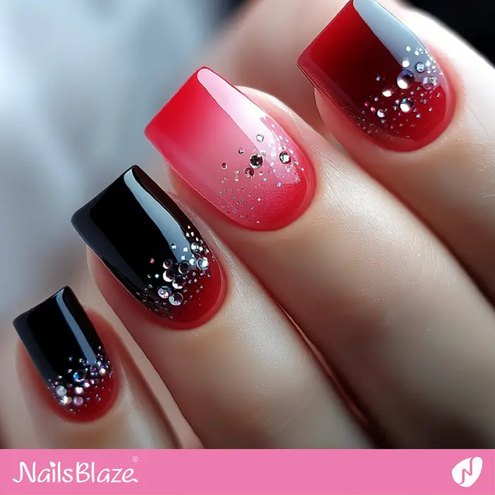 Short Ombre Nails Rhinestone Design | Red Ombre Nails - NB6522