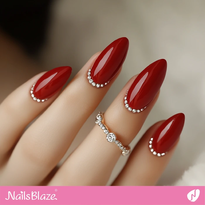 Classy Red Nails Rhinestone Design | Reverse French Nails - NB5560