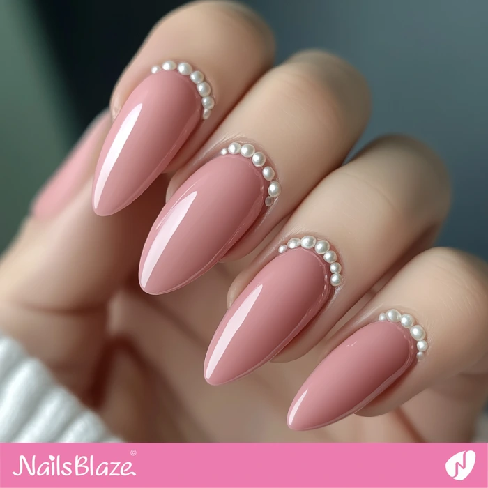 Cute Pink Nails with Reverse French Pearl Design | Reverse French Nails - NB5566