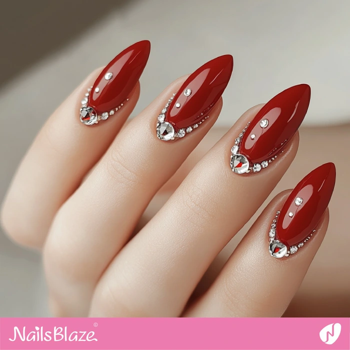 Red Nails with Embellished Reverse French Mani | Reverse French Nails - NB5570