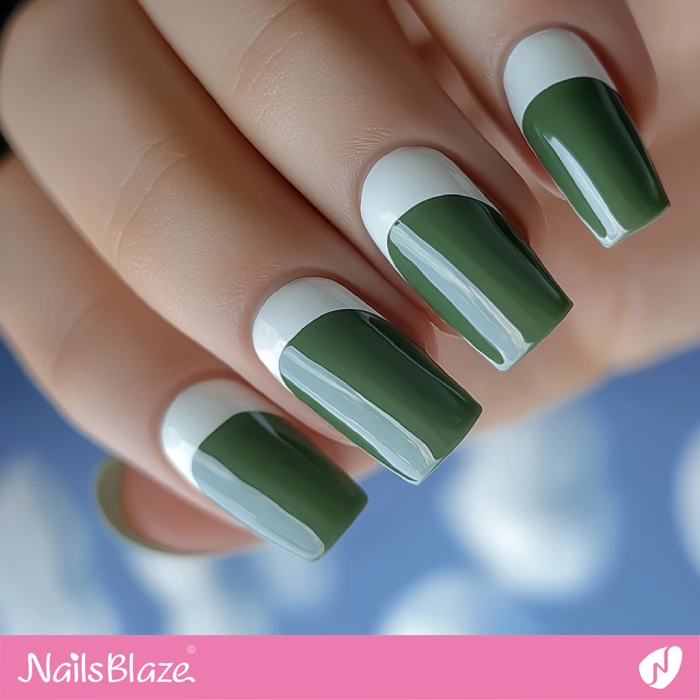 Green Nails with White Reverse French Design | Reverse French Nails - NB5571