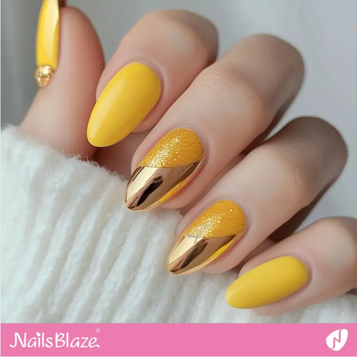 Yellow Almond Nails with Rose Gold Tips | Rose Gold Nail Art- NB7829