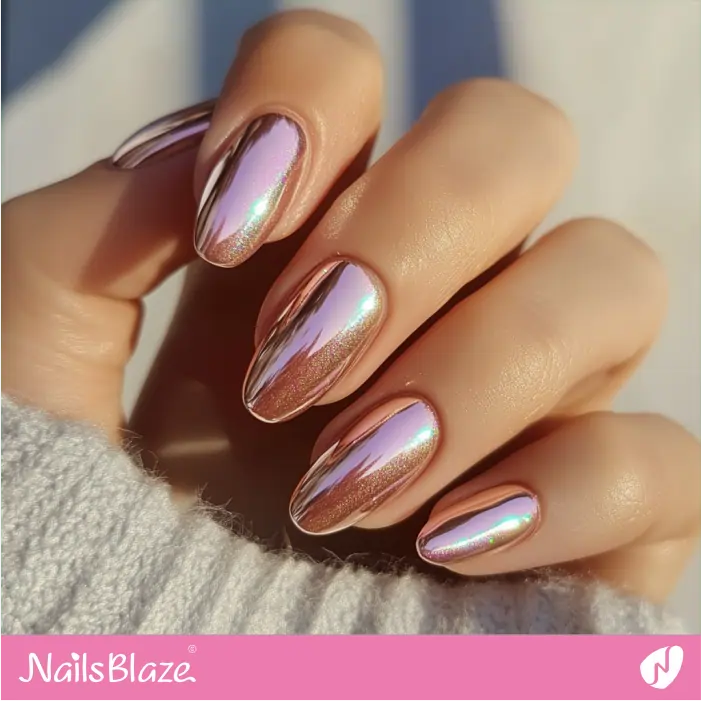 Long Oval Nails in Holographic Rose Gold | Rose Gold Nail Art- NB7812