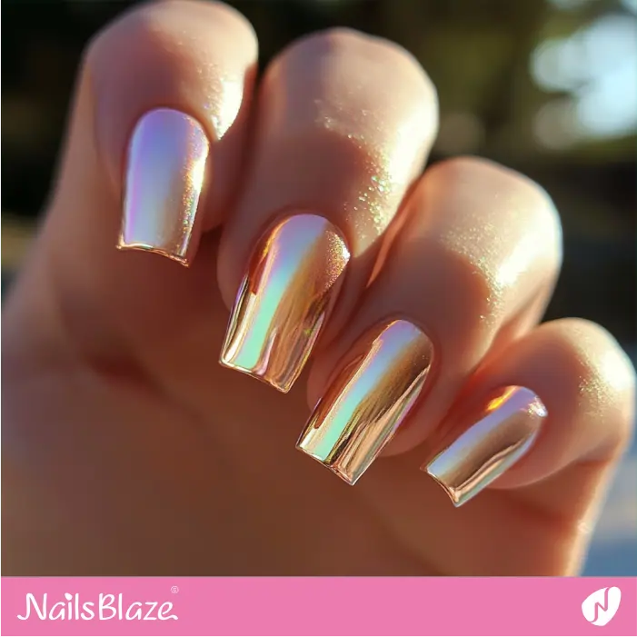 Holographic Rose Gold Theme for Square Nails | Rose Gold Nail Art- NB7813