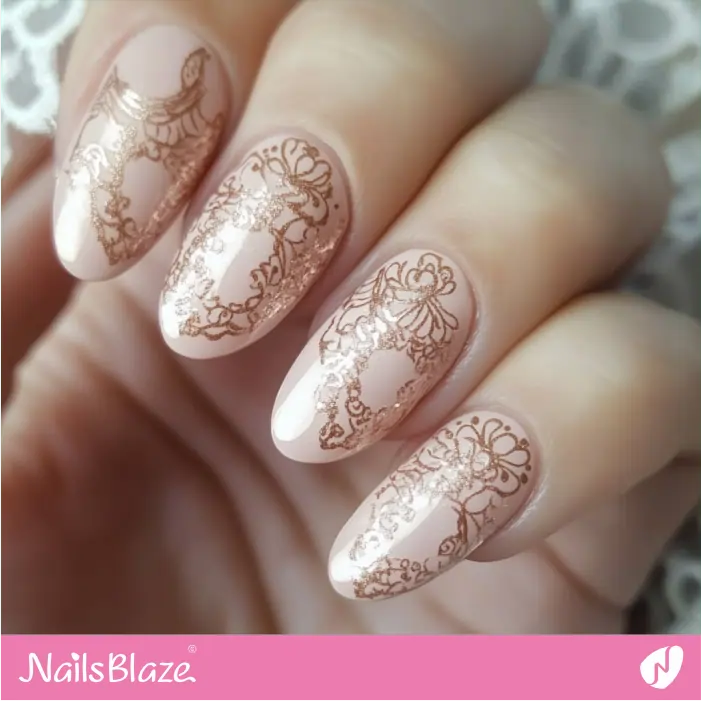 Nails with Delicate Rose Gold Lace Pattern | Rose Gold Nail Art- NB7797