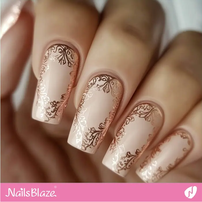 Rose Gold Lace Design for Long Nails | Rose Gold Nail Art- NB7798