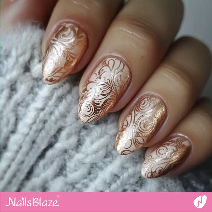 Rose Gold Lace Design for Almond Nails | Rose Gold Nail Art- NB7800