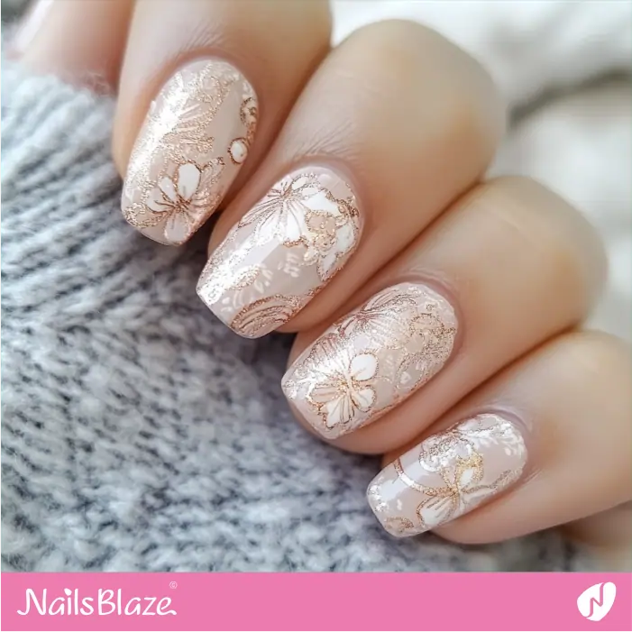 Short Nails with Rose Gold Floral Lace Pattern | Rose Gold Nail Art- NB7802