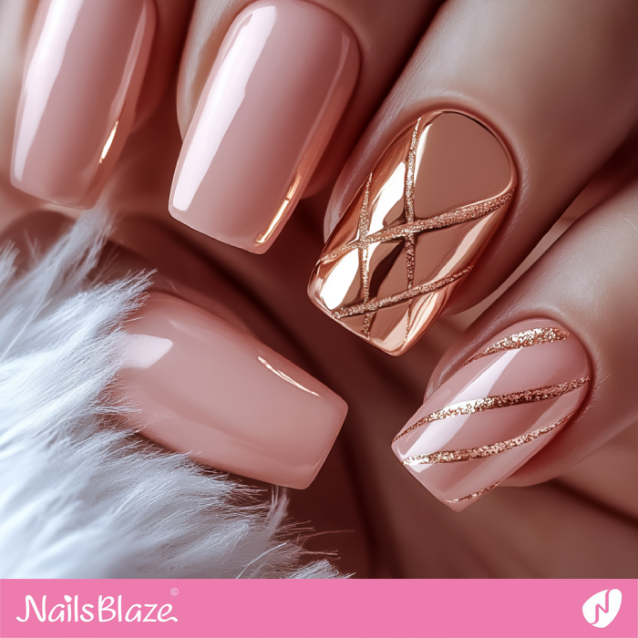 Rose Gold Lines for Pink Nails Design | Rose Gold Nail Art- NB7858