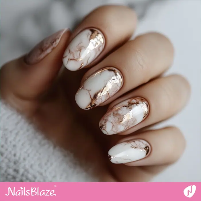 White Nails with Rose Gold Marble Design | Rose Gold Nail Art- NB7818