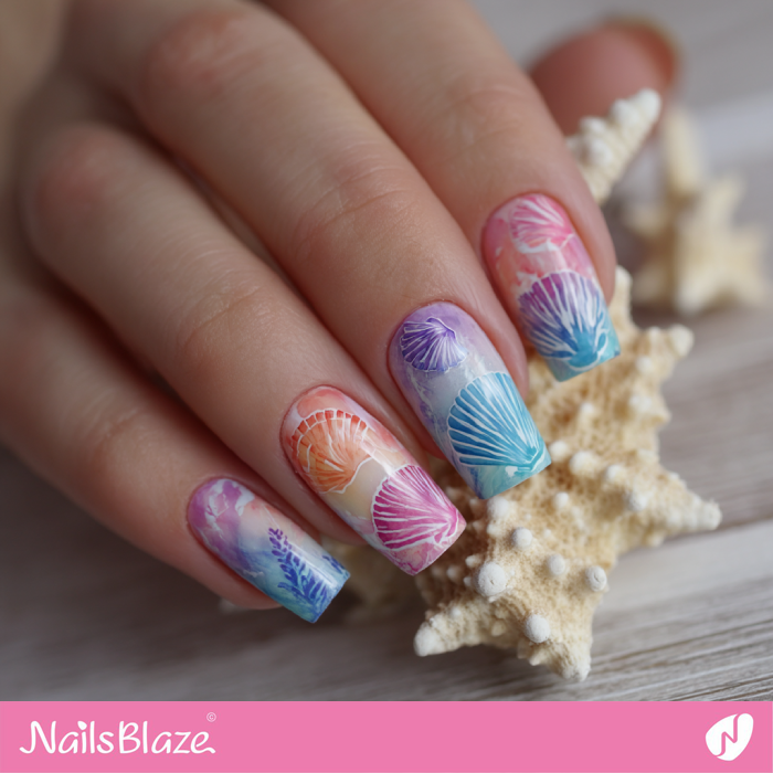 Watercolor Nails with Colorful Seashells | Seashell Nails- NB8222