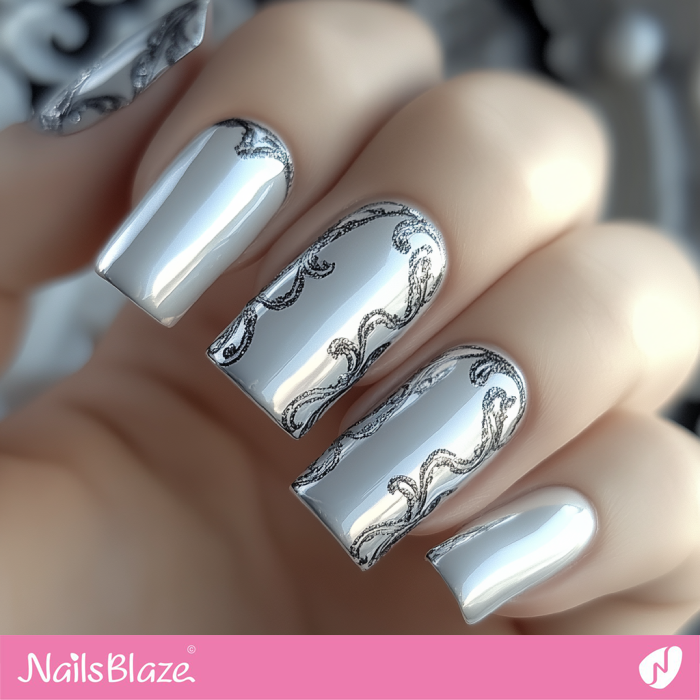 Classy Square Nails Filigree Design | Silver Nails- NB7592