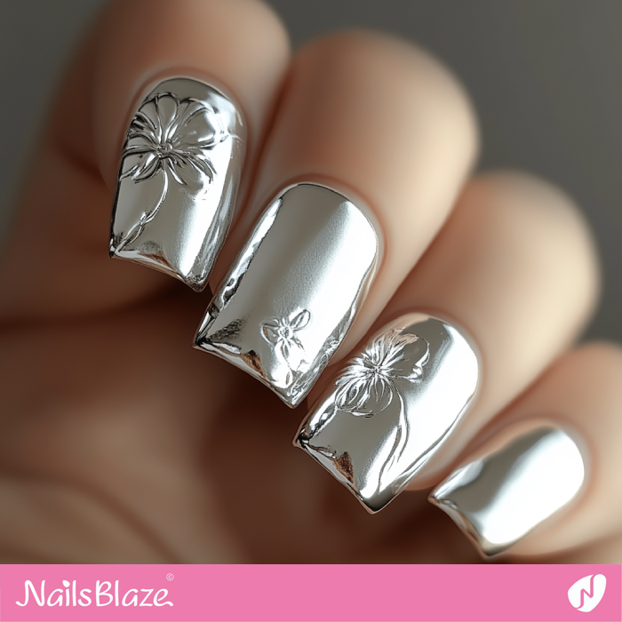 Silver Nails with Textured Floral Pattern | Silver Nails- NB7602