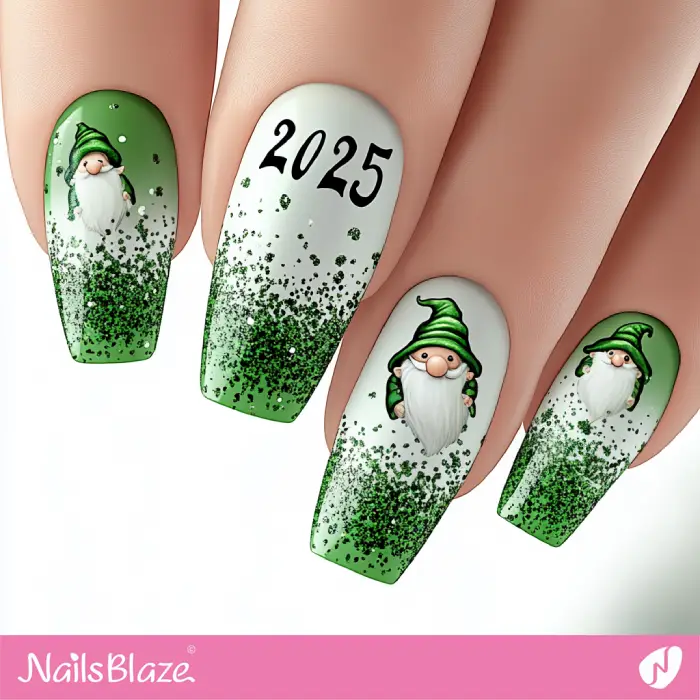 Green Nails with Winter Gnome Design | Winter 2025 Nails - NB6659