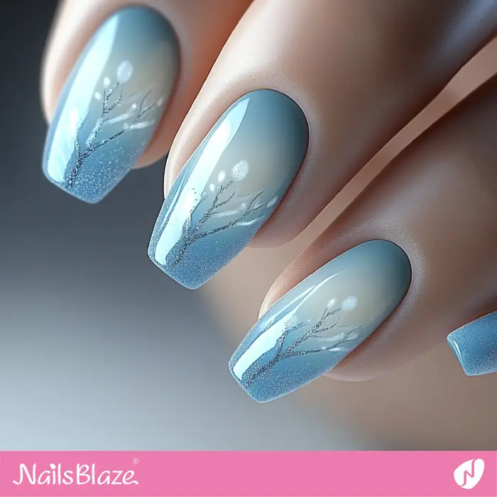 Naked Tree in Snow Design for Blue Ombre Nails | Classy Winter Nails - NB6617