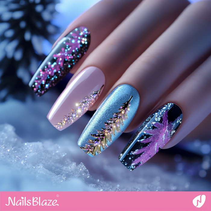 Christmas Tree Nails Design with Glitter | Colorful Winter Nails - NB6706