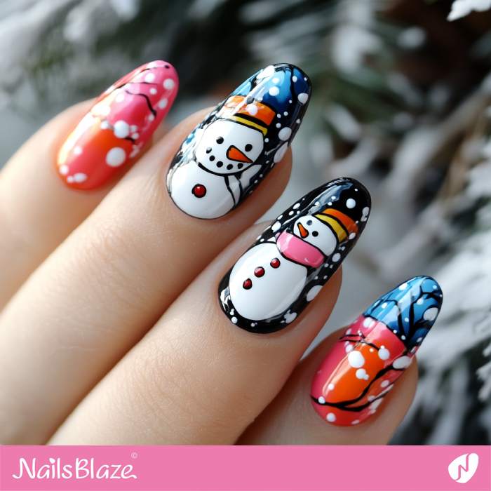 Glossy Colorful Nails with Snowman Design | Colorful Winter Nails - NB6708