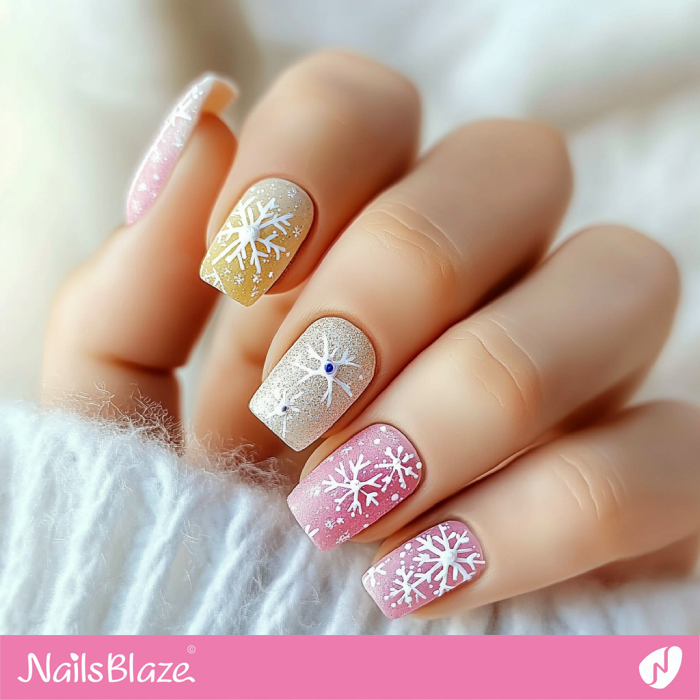 Short Square Nails with Snowflake | Colorful Winter Nails - NB6709